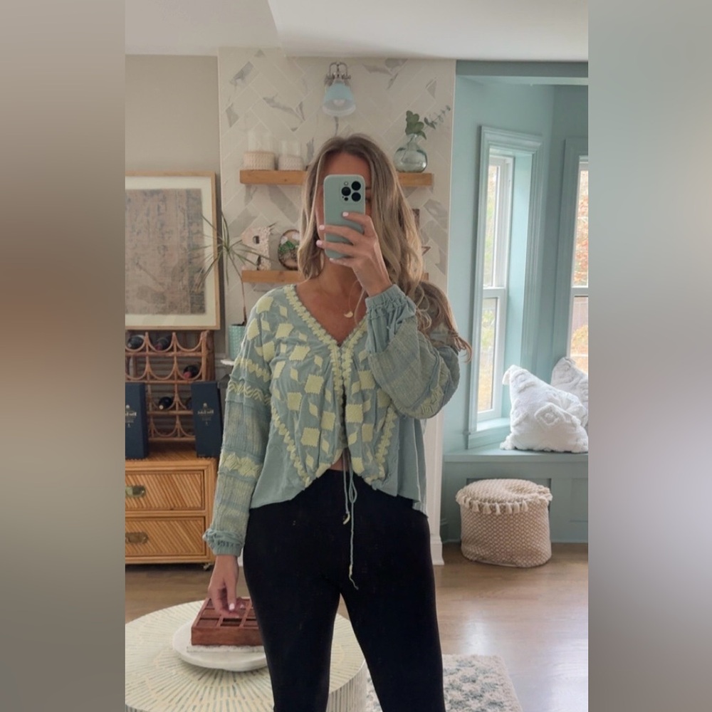 Free People Blue and Yellow Patterned Top